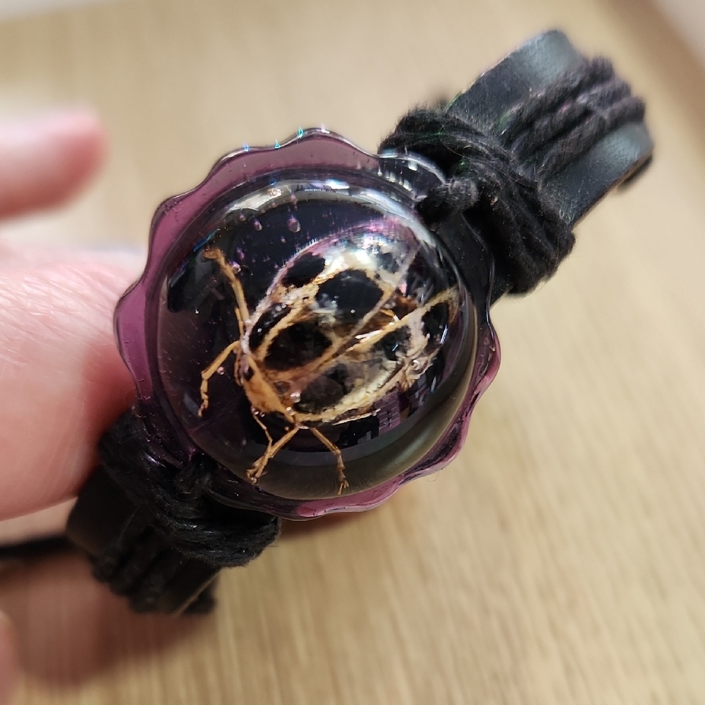 Black Leather Bracelet with Insect Design